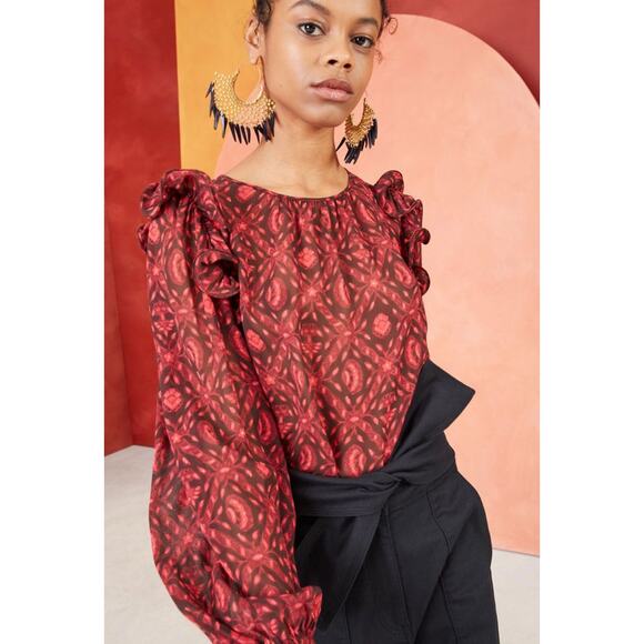 Ulla Johnson Medine Red Patterned Ruffle Silk Blouse US 6 - Picture 1 of 8